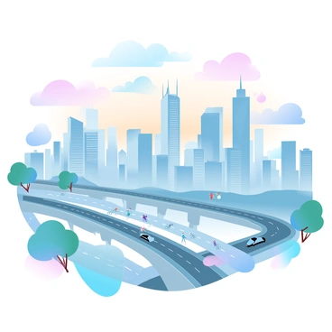 A cityscape filled with tall skyscrapers reaching towards the sky. The buildings are made of glass and steel, reflecting the light of the setting sun, creating a beautiful blend of colors. In the foreground, there are several bridges connecting different parts of the city, lined with cars in motion. The streets below are buzzing with activity, showing people walking and biking. A few trees are scattered throughout, providing pops of green against the urban backdrop. Above, the sky transitions from warm oranges and pinks to deep blues, adding to the vibrant atmosphere of the city.