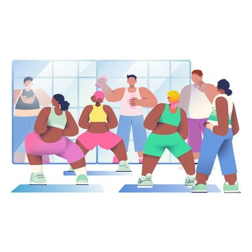 A group of five individuals is participating in a fitness class, all performing synchronized hammer curls. Each participant has a different skin tone, ranging from light to dark. They are wearing various colorful athletic outfits that include tank tops and leggings. In their hands, they are holding dumbbells, and their arms are raised at a 90-degree angle as they curl the weights. The instructor, positioned at the front of the class, is demonstrating the proper form while clapping to encourage the participants. The setting is a bright gym studio with large windows allowing natural light to fill the space. A large mirror reflects the group, showcasing their synchronized movements.