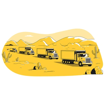 A convoy of large trucks driving in a line across a vast desert landscape. The trucks are of different types and sizes, with powerful engines and large cargo beds. Dust rises from the ground as the trucks move, creating a cloud that trails behind them. The desert features rolling sand dunes in the background, stretching out under a bright sky. Sparse vegetation like cacti and dry shrubs is scattered throughout the landscape, providing contrast against the sandy terrain. The sunlight casts long shadows from the trucks onto the ground, highlighting their massive presence on the open expanse.