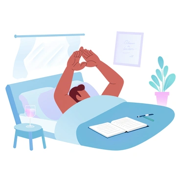 A person waking up and habit-stacking morning activities like stretching, drinking water, and journaling.