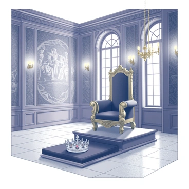 A grand throne room with high ceilings adorned with intricate carvings. The walls are lined with rich tapestries depicting historical scenes. At the center of the room, a large, ornate throne made of polished wood stands proudly, embellished with gold accents. On a plush, dark velvet cushion placed in front of the throne, there is an "opulent crown" embellished with jewels and intricate designs. The floor is made of gleaming marble tiles that reflect the soft light coming from elegantly designed chandeliers hanging above. A sense of grandeur fills the space, inviting admiration.
