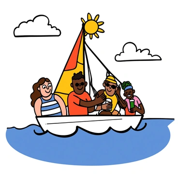 A group of four friends on a sailboat, with the sun shining brightly overhead. The sailboat is small and white with colorful sails billowing in the wind. Two friends, a light-skinned woman with big eyes and long wavy hair, and a dark-skinned man with big eyes and short hair, are at the front of the boat, looking out at the vast ocean with smiles on their faces. The woman is wearing a striped blue and white tank top and the man is in a red t-shirt and shorts. Another friend, a light-skinned man with big eyes and short brown hair, is adjusting the sails, wearing a yellow cap and sunglasses. The last friend, a dark-skinned woman with big eyes and braided hair, is sitting at the back of the boat, laughing and holding a drink. The ocean around them is deep blue with gentle waves, and the sky is clear, dotted with a few fluffy clouds.