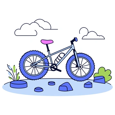 A mountain bike with a detailed suspension system is positioned on a rocky landscape. The bike features thick tires designed for rugged terrain and a sturdy frame. The suspension system, visible with coils and shock absorbers, is set to absorb impact from rough surfaces. Surrounding the bike, there are various sizes of rocks and boulders scattered across the ground. In the background, there are hints of greenery, with sparse shrubs and small trees adding to the natural setting. The sky above is clear with a few fluffy clouds.