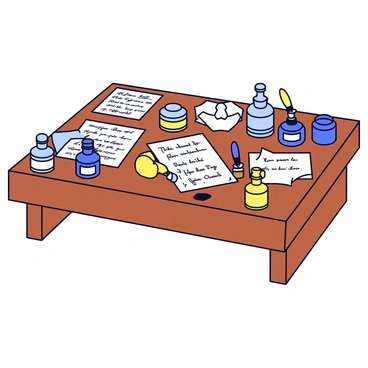 A wooden desk with a rich brown finish. The surface is covered with several ink bottles in varying shapes and sizes, some with labels and others without. Scattered across the desk are multiple handwritten letters, each partly opened and revealing cursive writing. A few crumpled pieces of paper are also visible, adding to the cluttered appearance. A vintage quill pen rests beside the ink bottles, with a small ink stain on the desk. There is a warm light illuminating the scene, highlighting the textures of the wood and the glass of the ink bottles.