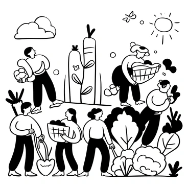 A garden filled with enormous vegetables that are as large as cars. A group of people is seen harvesting these oversized vegetables, using large baskets to collect them. There are towering tomato plants with massive red tomatoes, gigantic carrots poking out from the soil, and colossal cabbages. The people in the garden are wearing gardening gloves and using tools such as shovels and hand trowels. Sunlight filters down, illuminating the scene, while a few butterflies and birds can be seen fluttering around the plants.