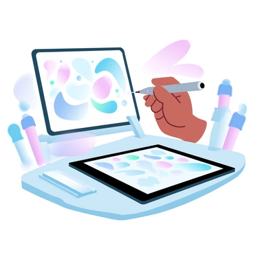 A digital artist is focused on creating a vibrant illustration on a tablet. The artist holds a stylus in their hand, poised above the screen, which displays colorful shapes and patterns. The workspace is filled with art supplies like sketchbooks and markers, providing a creative atmosphere. The tablet is positioned on a sleek desk, and there are hints of gradient pastel colors in the artwork being created, adding to the overall visual appeal of the scene.