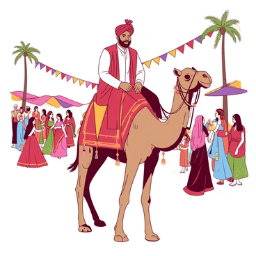 A groom dressed in a traditional wedding outfit sits atop a decorated camel. The camel is adorned with colorful blankets and intricate ornaments. The groom has a joyful expression on his face, wearing a vibrant turban. Surrounding him is a lively desert-themed baraat, featuring guests in bright traditional attire, dancing and celebrating. Palm trees can be seen in the background, and the sandy desert stretches into the distance. Colorful flags and banners are strung across the scene, adding to the festive atmosphere.