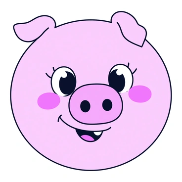 A cartoon pig face with a round, pink outline. The pig has large, expressive eyes that are wide open, showcasing a playful glint. Its snout is round and prominent, with two small nostrils. The mouth is wide, showing a big smile that reveals tiny teeth. The ears are floppy and rounded, sitting atop the head. The overall expression is cheerful and inviting.