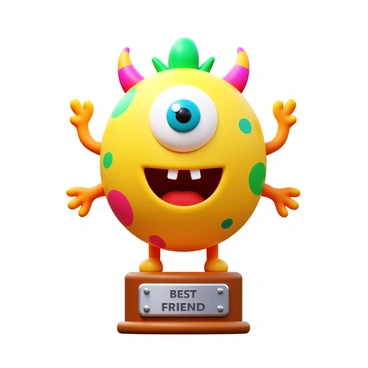 A 3D icon of a creatively designed trophy that resembles a friendly monster. The trophy has a bright, colorful body with large, expressive eyes and a wide, welcoming smile. Its surface features playful patterns and textures, adding to its whimsical appearance. The monster trophy has small, colorful horns and cute, rounded limbs extending from the base. It stands on a sturdy pedestal, with the words "Best Friend" engraved on a shiny plaque at the front.