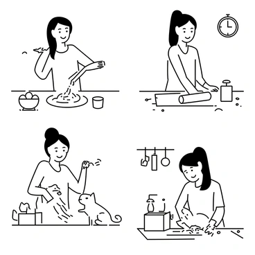 A comic strip divided into four panels, illustrating the step-by-step process of making homemade pasta. 

In the first panel, a person is pouring flour onto a clean wooden countertop, with a cheerful smile and a rolling pin nearby. The scene includes a bowl of eggs and a measuring cup beside them.

In the second panel, the person is mixing the flour and eggs together, using their hands to create a dough. There are bits of flour sprinkled around, and a playful cat is sitting on the countertop, watching intently.

In the third panel, the person is rolling out the dough with the rolling pin, stretching it thin, while a clock on the wall shows time passing. A small dog is playfully tugging at the edge of the dough.

In the fourth panel, the person is cutting the rolled dough into strips, placing the freshly cut pasta into a flour-dusted bowl. The background shows a kitchen setting with various utensils hanging on the wall and a pot of boiling water on the stove.