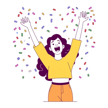 A contestant with a wide smile is standing triumphantly, arms raised in celebration. The background is lively, filled with colorful confetti raining down in the air. The confetti is a mix of vibrant colors, creating a festive atmosphere around the contestant. The contestant is wearing a bright outfit, and their excitement is evident as they bask in the joy of victory.