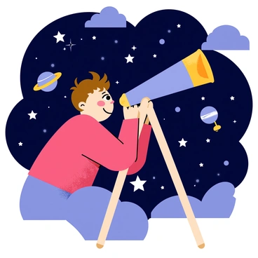 A child with short brown hair is peering through a telescope at night. The telescope is mounted on a small wooden tripod and pointed towards a starry sky filled with bright twinkling stars. The child is wearing a cozy red sweater, and a look of wonder is on their face as they observe the cosmos. Around the child, there are scattered glowing planets and a crescent moon, adding to the magical night scene. The background features dark blue clouds, providing contrast to the bright celestial objects.