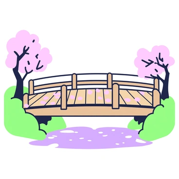 A quaint wooden bridge is positioned over a gentle stream. The bridge features a classic design with sturdy railings, its wooden planks showing natural grain patterns. Scattered across the bridge are fallen cherry blossom petals in shades of pink, creating a delicate layer on the surface. The stream flows calmly beneath the bridge, with ripples reflecting the light. On either side of the bridge, lush greenery frames the scene, with hints of cherry blossom trees visible, their branches gently swaying in the breeze.