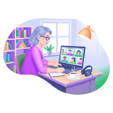 A teacher is sitting at a wooden desk in a cozy home office, conducting a virtual class. The teacher, a middle-aged woman with glasses, is looking at her laptop screen. Behind her, there are bookshelves filled with colorful books and a potted plant on the window sill. The walls are painted a soft pastel color, and a warm lamp casts a gentle light over the scene. On the desk, there is a notepad with notes, a cup of steaming coffee, and a pair of headphones. The laptop screen shows a grid of students' faces, actively engaged in the lesson.