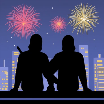 Two ninjas dressed in black with hoods and masks are perched on a rooftop, their silhouettes contrasting against the night sky. The city skyline is visible in the background, with tall buildings illuminated by the glow of the fireworks. Brightly colored fireworks burst in various shapes and sizes, filling the sky with vibrant reds, blues, and yellows. The ninjas watch intently, their body language showing a mix of awe and focus as sparks cascade down from the explosions above.