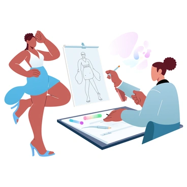 A girl is standing in a striking pose, showcasing a fashionable outfit. She is wearing a vibrant dress that flows elegantly around her legs. A fashion illustrator is positioned nearby, sketching her look on a sketchpad. The illustrator has a focused expression, holding a pencil in one hand and a brush in the other. In the background, there are art supplies scattered on a table, including colored pencils and paint tubes. The scene captures the dynamic energy of fashion illustration.