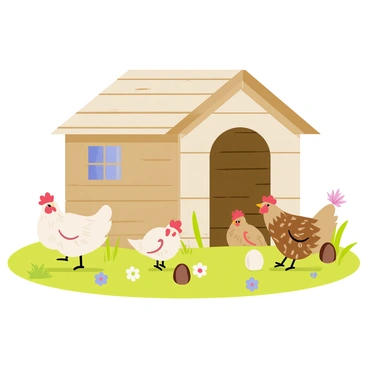 A rustic chicken coop made of weathered wooden planks stands in a grassy yard. The coop has a slanted roof and small windows, allowing soft light to filter in. Several chickens of different breeds, including a fluffy white hen and a speckled brown rooster, are wandering around the coop, pecking at the ground. Scattered around the coop, there are several eggs in various shades of brown and white nestled in the grass. A few flowers bloom nearby, adding a touch of color to the scene.