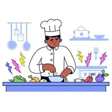 A chef in a white jacket with a tall chef's hat is standing at a kitchen countertop. The chef is focused on mixing ingredients in a bowl. Various ingredients like fresh vegetables, herbs, and spices are scattered around the countertop. Each ingredient emits colorful sparks that visually depict their flavors, such as red for spicy peppers and green for fresh herbs. The background has kitchen utensils hanging on the wall and pots on a stove, adding to the cooking atmosphere.