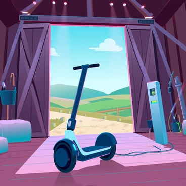 A segway with a sleek design is parked on the wooden floor inside a rustic barn. The barn features exposed beams and weathered wooden walls, with rays of sunlight streaming through small gaps, illuminating dust particles in the air. Various farming tools and hay bales are scattered around, adding to the country ambiance. The segway is plugged into a charging station, and the light on its battery indicator glows green, signifying that it is charging. Outside the barn, a glimpse of rolling hills and a clear blue sky can be seen through the open barn doors.