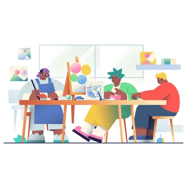 A group of animated characters is gathered around a large wooden table in a bright workshop environment. There are three characters: a character with purple hair wearing round glasses and a blue apron is painting on a canvas with a broad brush. Next to them, a character with green spiky hair is sketching ideas in a notebook, surrounded by pencils and markers scattered across the table. The third character, a yellow-haired individual in a red shirt, is assembling materials for a craft project, with glue sticks and colored paper in front of them. The walls of the workshop are adorned with colorful artwork, and sunlight filters through large windows, creating a warm and inviting atmosphere.