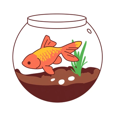 A shiny goldfish with vibrant orange scales is swimming gracefully in a clear glass bowl filled with brown muddy water. The bowl has a smooth, rounded shape, and the goldfish is positioned near the center, with its fins gently fanning out as it moves. The muddy water obscures the view of the bottom, where there are a few pebbles and a small plastic plant, creating a stark contrast against the bright colors of the fish. Light reflects off the surface of the water, casting soft ripples around the bowl.