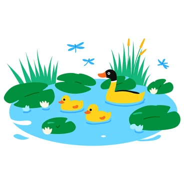 A vibrant wetland scene featuring a tranquil body of water covered with green lily pads. The lily pads are dotted with delicate white flowers. A family of ducks, consisting of a mother duck and her three fluffy ducklings, swim gracefully across the water. The ducks are depicted with soft, glossy feathers and their reflections can be seen in the water. Surrounding the wetland are clusters of tall reeds and grasses, adding texture to the environment. A few dragonflies flit above the water, adding movement to the serene scene.