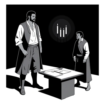 In a dimly lit room, "Gabbar" stands tall, his expression contemplative as he looks intently at a loyal follower. The follower, dressed in rugged clothing, stands with a hesitant posture, searching for the right words. Shadows cast by flickering candles on the walls add depth to the scene, highlighting the tension in the air. Gabbar's stern face is partially illuminated, showcasing his mustache and intense gaze. The follower's face reflects uncertainty, his brow furrowed and shoulders slightly hunched. A small table between them holds a few scattered papers, hinting at a serious discussion taking place. The atmosphere feels charged, filled with unspoken words and loyalty tested.