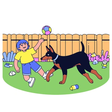 A doberman with a sleek black coat and distinctive tan markings is gently playing with a young child. The child is wearing a bright yellow shirt and denim shorts, smiling happily as they toss a colorful rubber ball. The backyard features a green grass lawn and a wooden fence in the background. There are a few scattered toys on the ground, and a vibrant flower bed adds bursts of color to the scene. The doberman is playfully wagging its tail, showing a friendly demeanor as it interacts with the child.