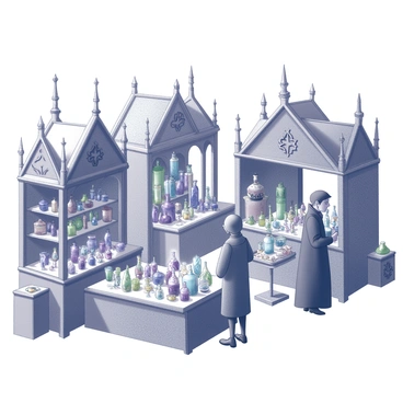 A market scene filled with activity and energy. Stalls are constructed in a gothic-inspired design, featuring intricate arches and pointed spires. Each stall presents an array of items for sale, including various glass bottles filled with potions, shiny crystals of different shapes and sizes, and an assortment of dark trinkets like charms and talismans. Vendors are engaged in conversation with customers, while other shoppers explore the offerings. The atmosphere is lively, with the presence of shoppers dressed in eclectic attire that reflects the unique character of the market.