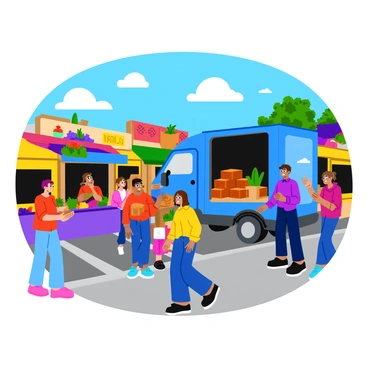 A lively street market bustling with activity. Colorful stalls line the sides, showcasing a variety of goods such as fruits, vegetables, and handmade crafts. In the center, there is a large, bright blue truck with an open back, displaying an assortment of bricks with different designs. Some bricks have colorful paint splashes while others feature engraved patterns. Shoppers, a mix of adults and children, are gathered around the truck, examining the bricks and chatting animatedly. The sky above is clear with a few fluffy clouds, completing the vibrant scene.