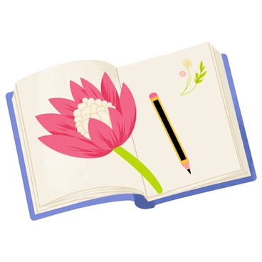 A sketchbook opened to reveal a detailed drawing of a "King Protea" flower. The flower is large and vibrant, with broad pink petals that have pointed tips. Its center is adorned with a cluster of soft, creamy white stamens. The sketchbook has a textured cover, and a pencil lies beside it, with a few loose sketches of leaves and other flowers scattered near the edges of the page. The drawing showcases intricate lines and shading, highlighting the natural beauty of the "King Protea."