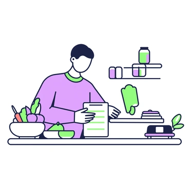 A person is standing at a kitchen counter, carefully writing a grocery list on a notepad. They are focused on the task, holding a green pen in their right hand, with the notepad placed in front of them. To the left of the notepad, there is a small stack of fresh fruits including apples and oranges. Next to the fruits, a bowl is filled with assorted vegetables such as carrots and bell peppers. In the background, there are jars with various spices and a small potted herb on the counter, adding a touch of greenery to the scene. A digital kitchen scale is visible, emphasizing the importance of measuring portions to avoid food waste.