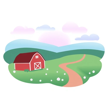 A peaceful rural landscape features rolling hills that gradually rise and fall across the horizon. In the foreground, there is a small red barn with white trim, surrounded by lush green grass. Scattered wildflowers dot the landscape, adding splashes of color to the scene. The sky above is painted in soft gradient pastel colors, transitioning from pale pink to light blue as the sun sets in the distance. A winding dirt path cuts through the hills, leading towards the barn.