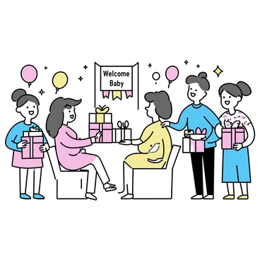 A room decorated with pastel balloons and a banner that reads "Welcome Baby." Several guests are gathered around an expecting mother, who is sitting in a comfortable chair. The expecting mother is wearing a light pink dress and has a joyful smile on her face. She is receiving a stack of cute, wrapped gifts from a guest standing beside her. The guests, including a woman in a floral dress and a man in a blue shirt, are smiling and holding their own gifts. Some gifts are adorned with ribbons and bows, while others have playful baby-themed wrapping paper. The atmosphere is filled with excitement and happiness.