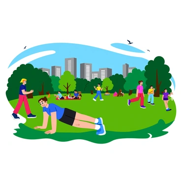 A person performing a plank exercise on a vibrant green patch of grass in a busy city park. The individual is wearing a bright blue tank top and black shorts, with their body straight and parallel to the ground. Around them, there are various people engaged in different activities, such as jogging, walking dogs, and having picnics. Colorful trees with lush foliage surround the area, and in the background, there are tall buildings and a clear blue sky. A few birds can be seen flying overhead as children play nearby.
