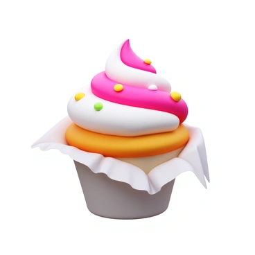 A cupcake floating in mid-air, topped with vibrant frosting in swirls of pink and white. The cupcake's wrapper is peeling off slightly, revealing a moist cake underneath. The sprinkles on top glisten under an unseen light source, giving a joyful and festive appearance. The background is minimal, emphasizing the cupcake's delicate details and ethereal floating position.