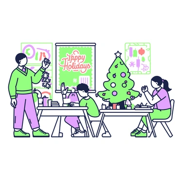 A teacher is standing at the front of a classroom, guiding students as they create holiday-themed crafts. The teacher is wearing a smart-casual outfit with a sweater and slacks. Scattered around the room are desks covered with various crafting materials, including scissors, glue, colorful construction paper, and ribbons. 

Students of diverse backgrounds are engaged in decorating the classroom. One student is holding a string of paper snowflakes, while another is attaching ornaments to a small holiday tree placed in the corner. On the walls, handmade decorations featuring "Happy Holidays" in vibrant colors are hung. 

In the background, a bulletin board showcases students' artwork, with drawings of holiday scenes. The atmosphere is lively as laughter and conversation fill the air, creating a festive environment.