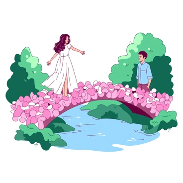 A delicate bridge made entirely of pink and white flower petals spans a small serene river. The petals are interwoven to create a soft and inviting surface. On one end of the bridge, a person wearing a flowing white dress stands with their arms gently outstretched, as if embracing the beauty around them. On the opposite end, another person is dressed in a light blue shirt, gazing thoughtfully at the first individual. The setting is framed by lush green foliage, with soft sunlight filtering through the leaves, illuminating the scene.