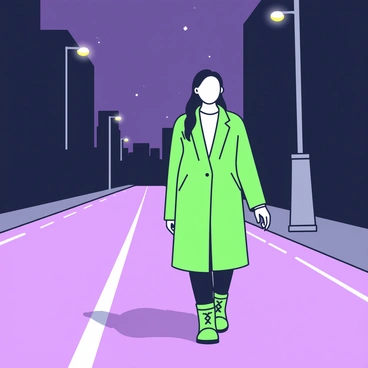 A woman with long hair is walking down a deserted street. She is wearing a long coat and sturdy boots. Shadows of footsteps are visible on the ground behind her, suggesting a presence trailing her. Streetlights cast faint glows, illuminating the empty road. The background features darkened buildings and a clear night sky, enhancing the atmosphere of solitude.