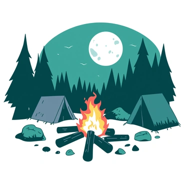 A white campfire is crackling in the center of the scene, surrounded by several comfortable logs arranged in a circle. Bright orange flames are dancing upward, illuminating the surrounding area with a warm glow. In the background, a large and detailed full moon is high in the dark, teal sky, casting soft shadows across the campsite. The shadows stretch across the ground, creating intricate patterns among the scattered rocks and grass. A small, rustic tent is pitched to the side, partially illuminated by the firelight, adding to the cozy atmosphere of the campsite.