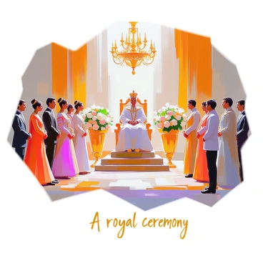 A royal ceremony taking place in an opulent hall adorned with lavish decorations. The scene features regal figures dressed in ornate garments, each person showcasing their unique attire with intricate patterns and rich colors. Golden chandeliers hang from the ceiling, casting a warm glow over the assembly. The background includes elegant draperies, and a grand throne is positioned at the center, surrounded by elaborate floral arrangements. Attendants stand with expressions of admiration, adding to the grandeur of the occasion. "A royal ceremony" is inscribed in an ornate font at the bottom of the image.