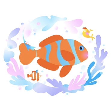 An angelfish with bright orange and blue stripes is swimming gracefully through a lively carnival scene. Surrounding the angelfish are various sea creatures, including a cheerful clownfish and a playful seahorse, all adorned with festive decorations. Colorful corals in shades of pink, purple, and yellow create a vibrant backdrop, adding to the excitement of the underwater celebration. Bubbles are rising from the sea floor, creating a dynamic atmosphere in the bustling marine environment. Colorful seaweed sways gently in the water, complementing the carnival ambiance.