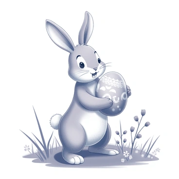 A playful bunny with long ears is standing upright, holding a large Easter egg in its paws. The bunny has soft fur and a friendly expression. The egg features intricate patterns and designs. Surrounding the bunny, a grassy meadow is filled with tall blades of grass and scattered wildflowers. In the background, a few trees provide a natural setting, completing the joyful scene.