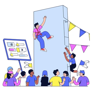 A climbing competition with several climbers scaling a tall rock wall. One climber, wearing a red harness, reaches for a hold with determination, while another climber in a blue shirt is just below, looking up. Spectators are gathered at the bottom, some waving banners and others clapping, all showing enthusiasm. In the background, a large scoreboard shows the scores, and colorful flags are hung around the venue.