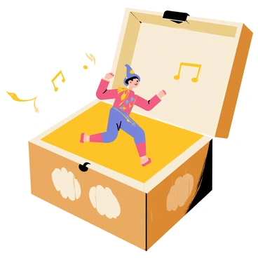 A small arlequin figurine with a colorful costume, featuring diamond patterns in bright hues of red, blue, and yellow, is twirling gracefully inside a vintage music box. The music box has a polished wooden exterior with intricate carvings along its edges and a glossy finish. The lid is slightly open, revealing the figurine as it spins, with a gentle smile on its face. Soft musical notes are illustrated around the music box, suggesting the enchanting melody being played. The background shows a subtle hint of an elegantly decorated room with a warm glow.