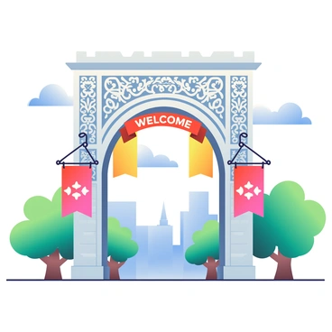 A grand entrance arch made of intricate stonework stands tall at the city boundary. The arch is adorned with elegant carvings depicting floral and geometric patterns. Hanging from the arch are several "Welcome" banners, each brightly colored and fluttering gently in the breeze. The banners are held by decorative ropes that are tied to ornate brackets on either side of the arch. Below the arch, a wide pathway leads into the bustling city, lined with trees that provide a welcoming shade. The sky above is clear with just a few fluffy white clouds.