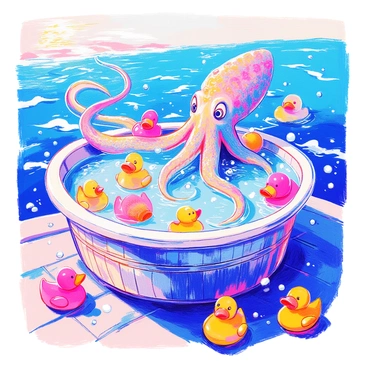 A giant kraken with long, flowing tentacles is submerged in a large, round tub filled with sudsy water. The tub is made of shiny metal with ornate designs. The kraken's skin is a vibrant shade of green, and its eyes are wide and expressive. Surrounding the tub, an assortment of colorful rubber ducks float on the surface. Bubbles are rising and popping, creating a playful atmosphere. In the background, a clear blue ocean sparkles under the sun, with gentle waves lapping around the sides of the tub.