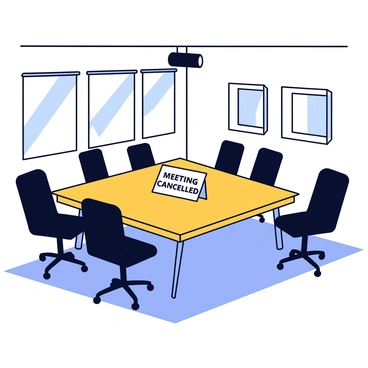 A conference room with a long rectangular table in the center. The table has a polished wooden surface and is accompanied by several black office chairs. In the middle of the table, there is a white card that reads "Meeting Cancelled" in bold black letters. The room features large windows with light filtering in, casting shadows on the floor. Simple artwork hangs on the walls, and a projector can be seen mounted on the ceiling.