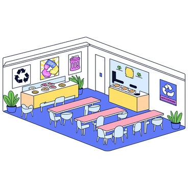 A cafeteria with a bright and open layout. There are several tables with simple designs arranged neatly. On the walls, colorful signs are displayed, promoting "recycling" and "composting" with engaging graphics. Each sign features images of recycling bins and compost piles, emphasizing eco-friendly practices. Potted plants are placed throughout, adding a touch of green to the environment. The food counter is visible, showcasing a variety of healthy options, all under soft lighting that enhances the welcoming atmosphere.