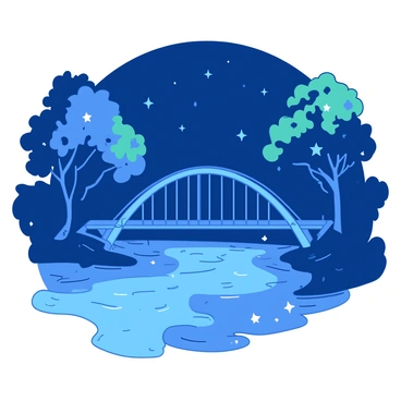 A blue bridge with elegant arches made of glowing stars spans across a tranquil river. The river reflects the shimmering light from the stars, creating a sparkling effect on the water surface. On either side of the bridge, lush green trees frame the scene, their leaves gently swaying in the breeze. The night sky above is deep and dark, contrasting beautifully with the brightness of the stars.